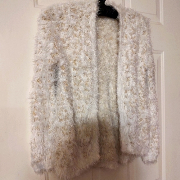 🔸🐇🔸Delightful XOXO Soft Ivory & Gold Lame Plush Furry Sweater Cardigan - M - Picture 10 of 16